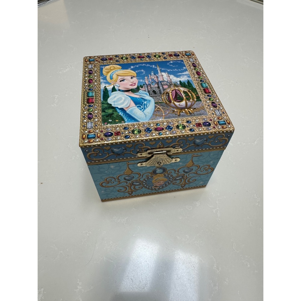 Disney Cinderella Musical Jewelry Box Blue Gold Wind Up Rotating Figurine Mirror